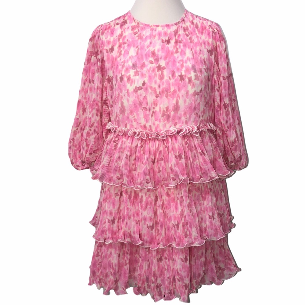 Ganni Georgette Tiered Pink Mini Dress Size 36/4 - Picture 2 of 9